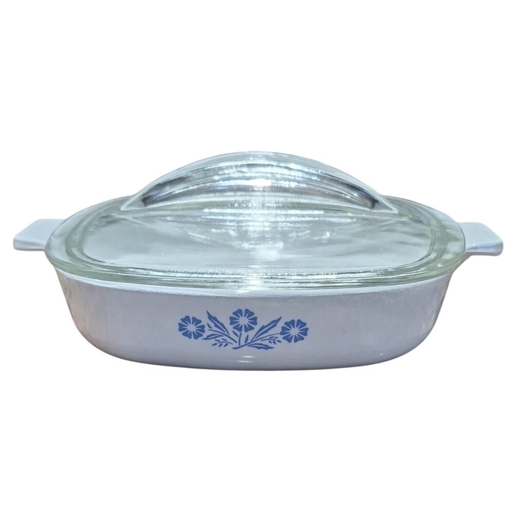Corning Ware P-7-B White Baking Casserole with Blue Cornflower and Glass Lid